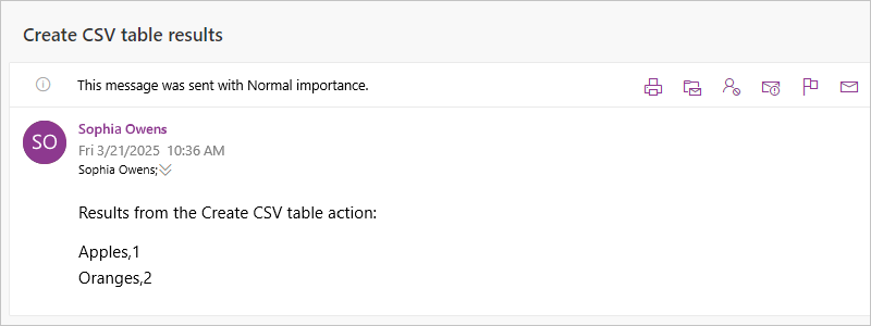 A captura de tela mostra o email com os resultados da ação chamada Criar tabela CSV.