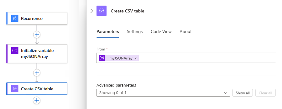 A captura de tela mostra o fluxo de trabalho de Consumo e a ação de exemplo concluída chamada Criar tabela CSV.