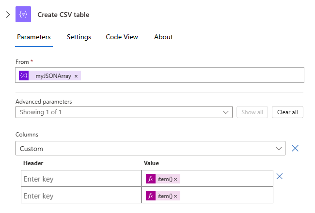 A captura de tela mostra a ação chamada Criar tabela CSV e a função chamada item().