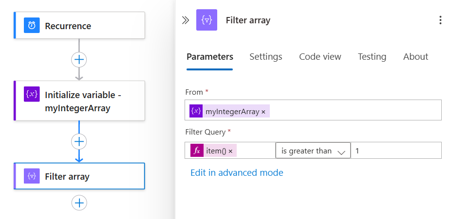 A captura de tela mostra o fluxo de trabalho de Consumo e a ação de exemplo concluída chamada Filtrar matriz.