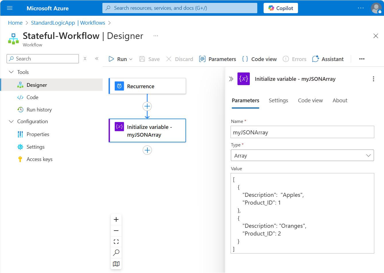 A captura de tela mostra o portal do Azure, o designer de fluxo de trabalho Standard e o fluxo de trabalho de exemplo para a ação chamada Criar tabela CSV.