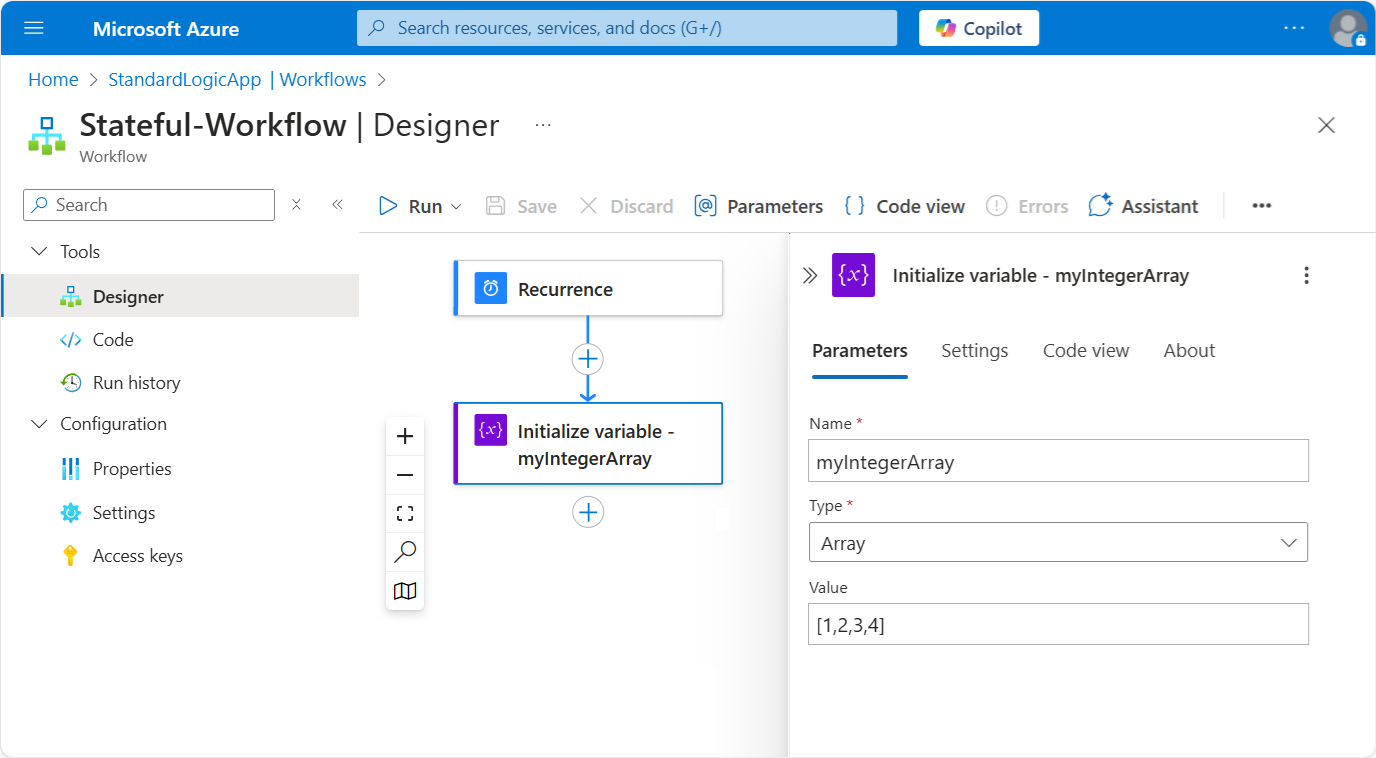 A captura de tela mostra o portal do Azure, o designer de fluxo de trabalho Standard e o fluxo de trabalho de exemplo para a ação chamada Selecionar.
