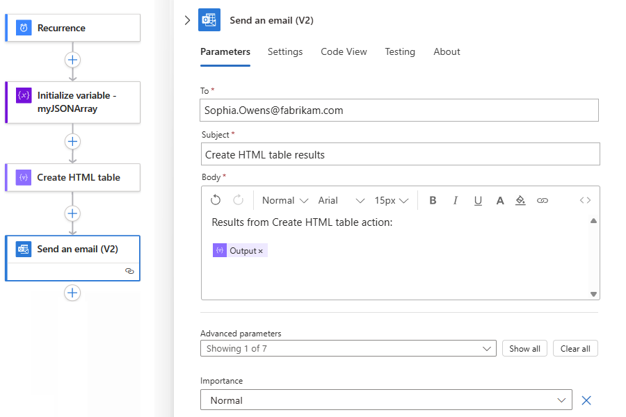 A captura de tela mostra o fluxo de trabalho com a ação chamada Enviar um email. A propriedade Corpo contém o campo Saída da ação anterior chamada Criar tabela HTML.