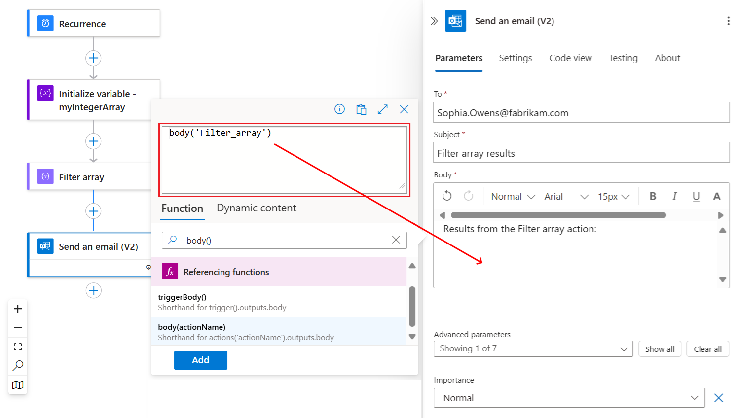 A captura de tela mostra o fluxo de trabalho com a ação chamada Enviar um email. A propriedade Corpo contém a função body(), que obtém o conteúdo do corpo da ação anterior chamada Filtrar matriz.