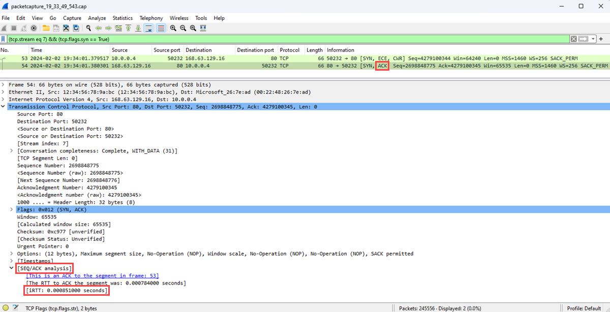 Screenshot that shows the latency represented as initial round-trip time in seconds in Wireshark.