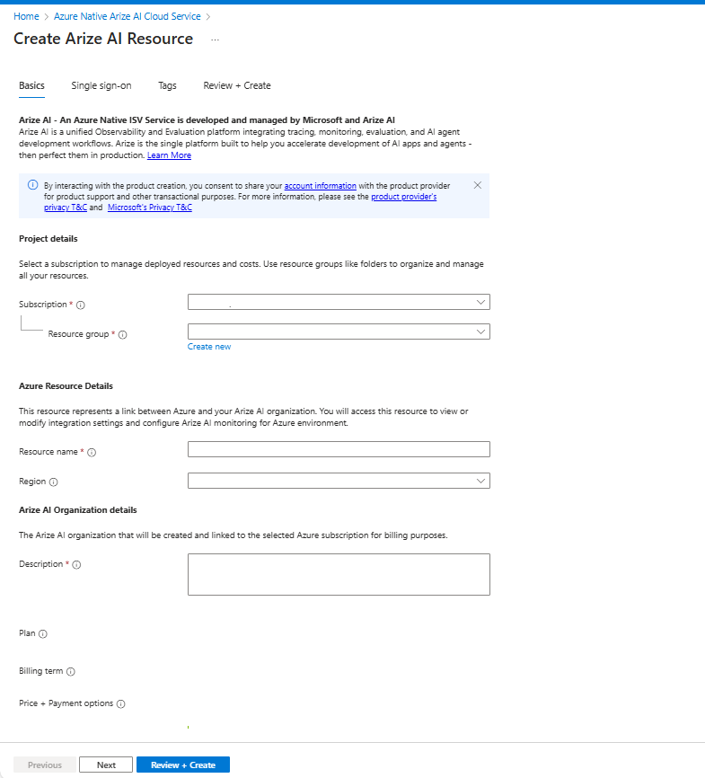 Uma captura de tela das opções Criar Recurso de IA do Arize no Azure dentro do painel de trabalho do portal do Azure com a guia Básico exibida.