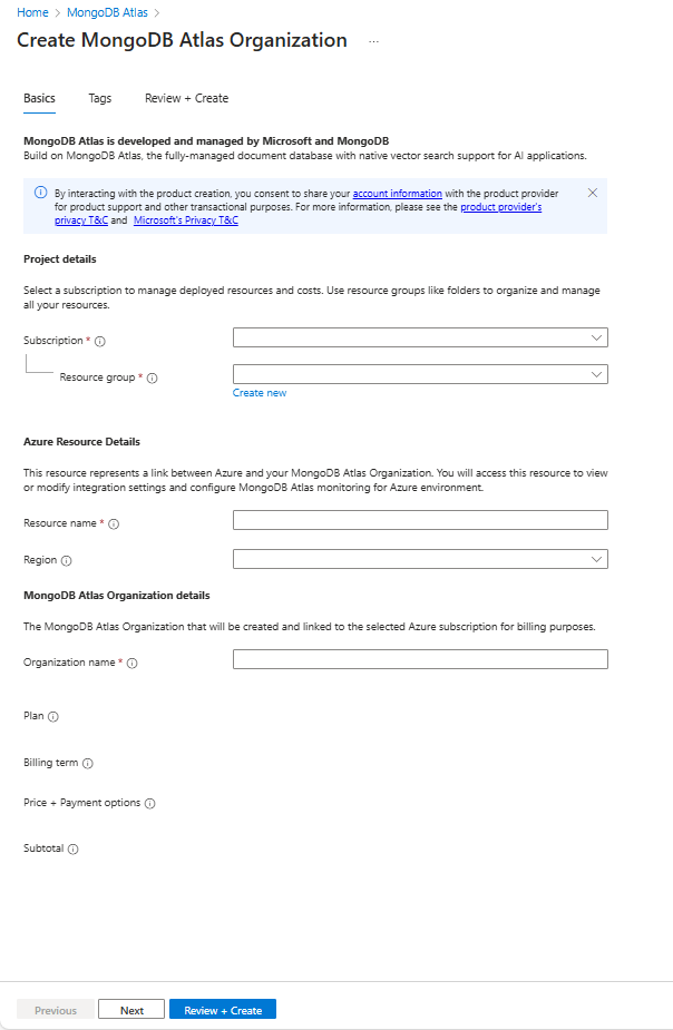 Captura de tela das configurações básicas para criar uma organização do Atlas do MongoDB no portal do Azure.