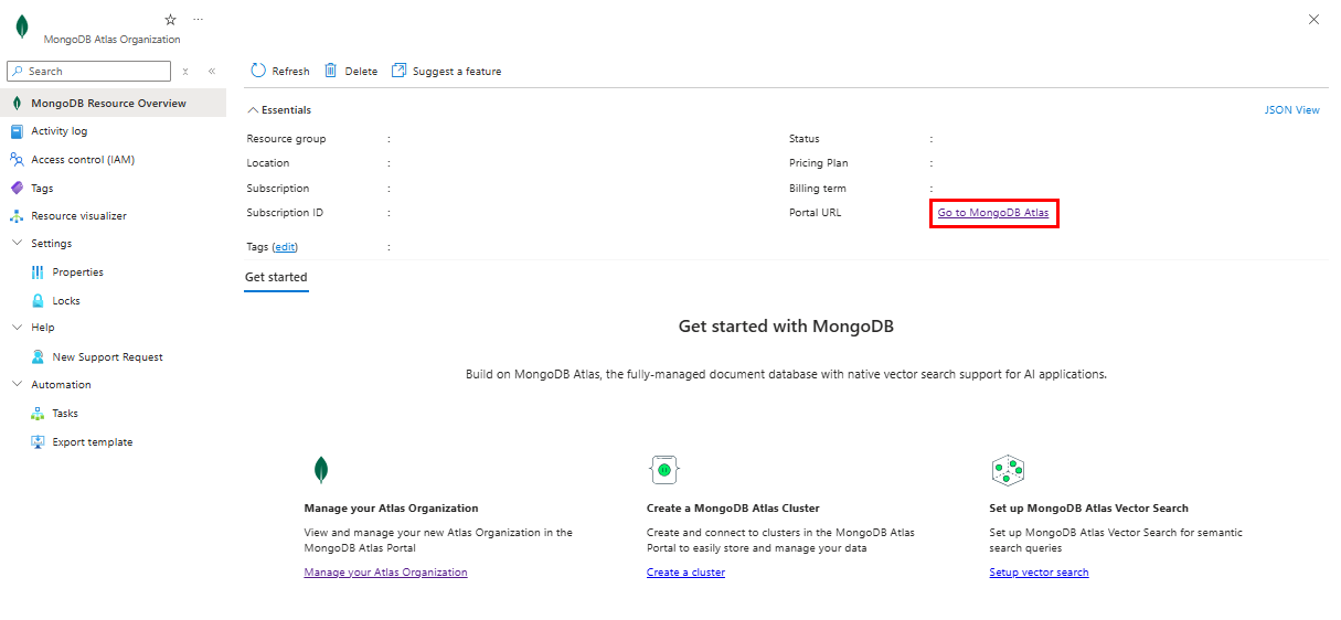 Captura de tela de uma visão geral de recursos do Atlas do MongoDB no portal do Azure. O link Ir para MongoDB Atlas é enfatizado.