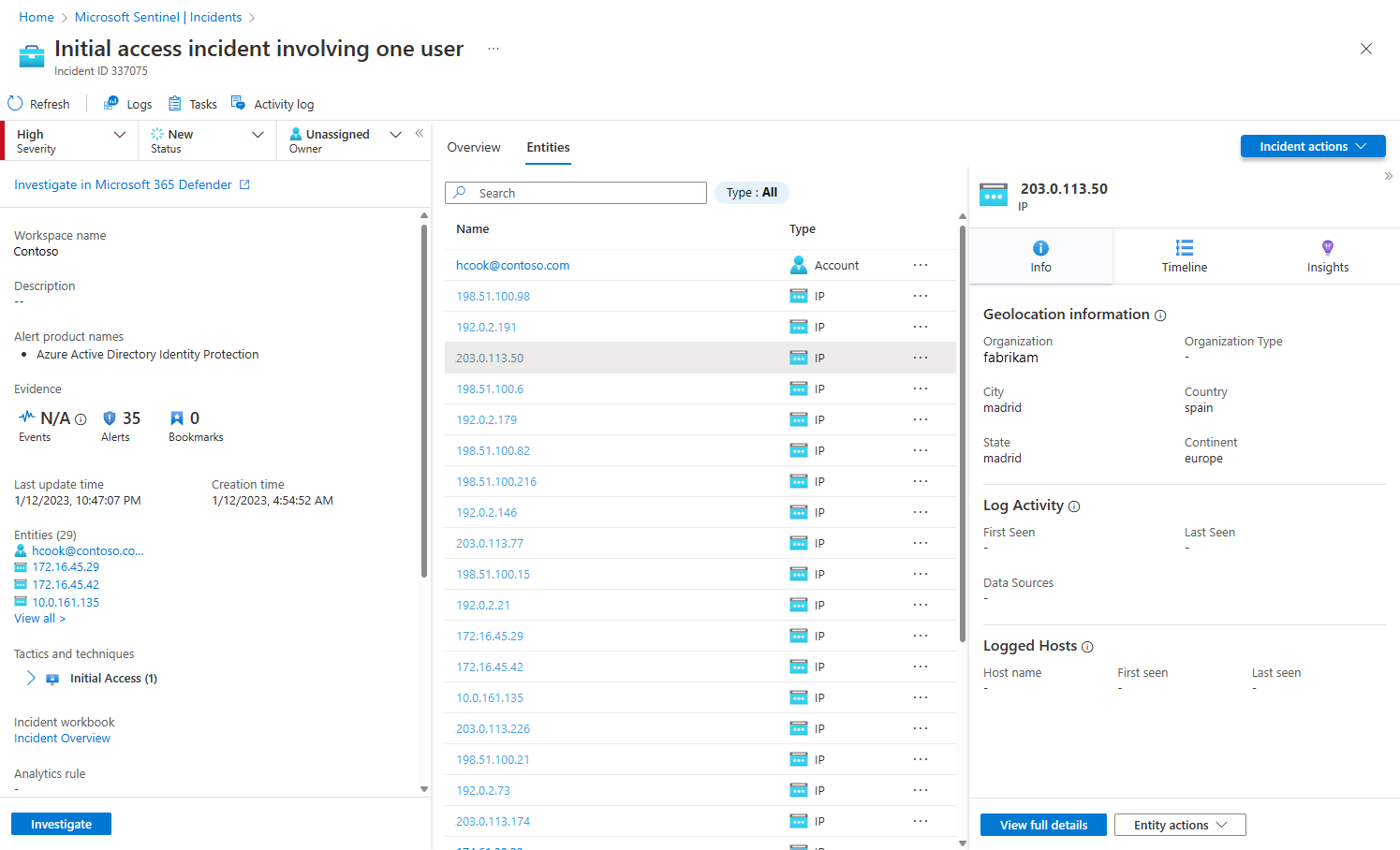 Captura de tela da guia de entidades na página de detalhes do incidente.