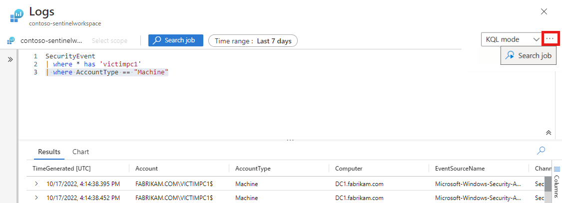 Captura de tela do editor KQL com pesquisa revisada com reticências realçadas para o modo de trabalho de Pesquisa.