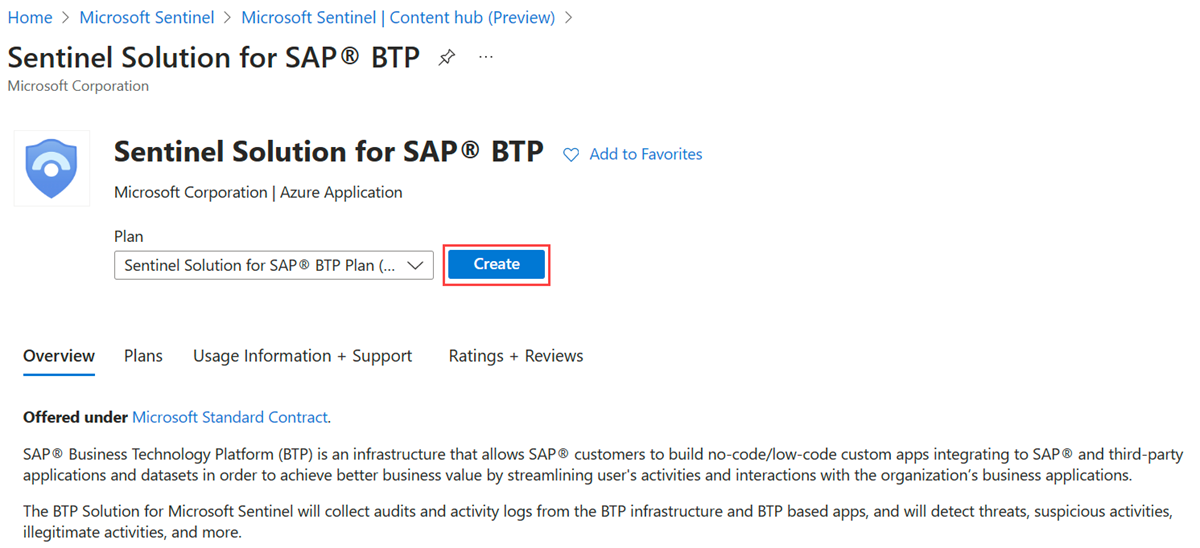 Captura de tela que mostra como criar a Solução do Microsoft Sentinel para SAP BTP.