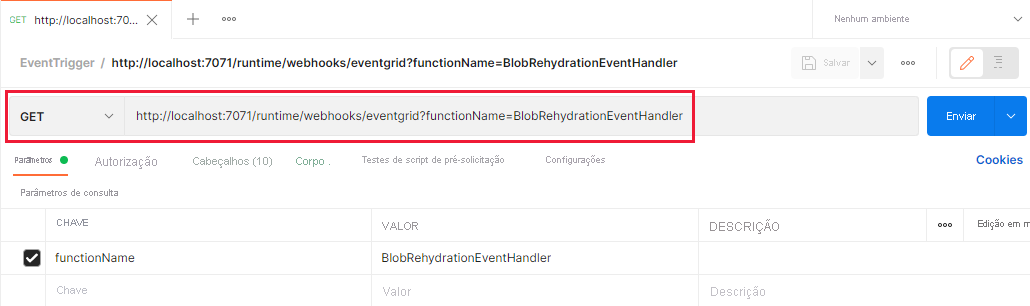 Screenshot showing how to specify local URL for event trigger in Postman 