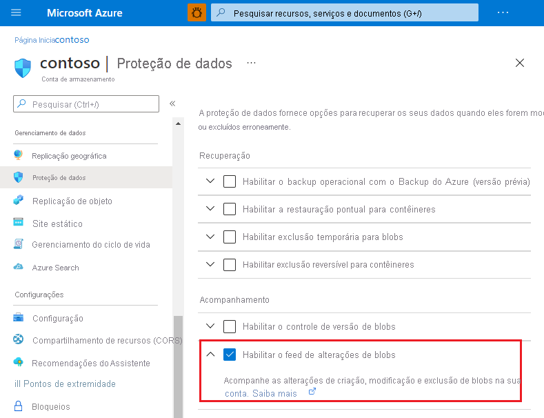 Captura de tela mostrando como habilitar o feed de alterações no portal do Azure