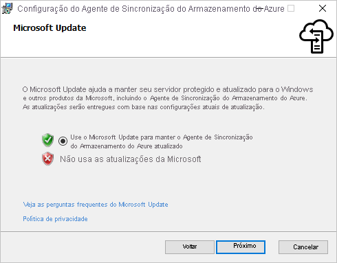 Certifique-se de que o Microsoft Update está ativado no painel do Microsoft Update do instalador do agente do Azure File Sync.