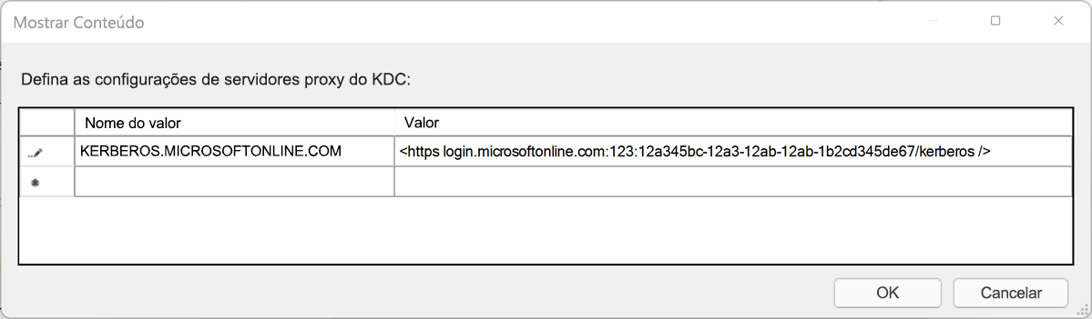 Captura de tela da caixa de diálogo 'Definir configurações do servidor proxy KDC'. Uma tabela permite inserir várias linhas. Cada linha consiste em um nome do valor e um valor.