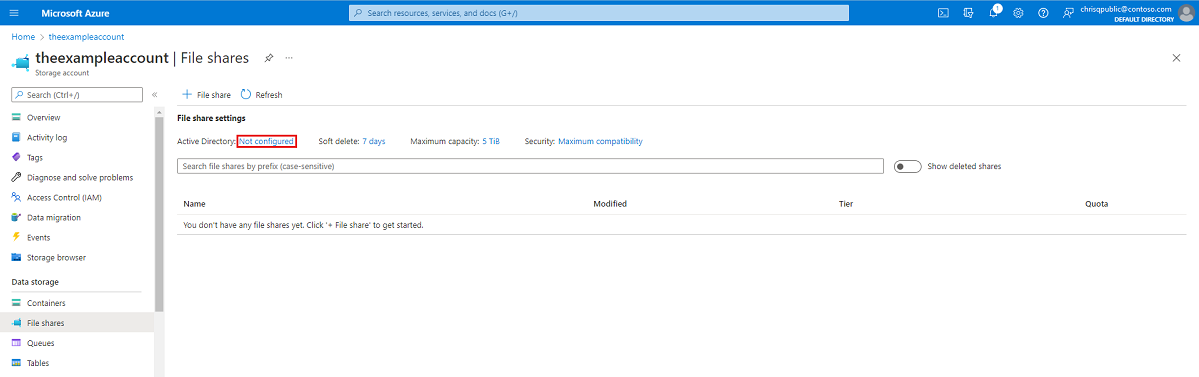 Captura de tela do portal do Azure mostrando as configurações de compartilhamento de arquivos para uma conta de armazenamento. As definições de configuração do Active Directory estão selecionadas.