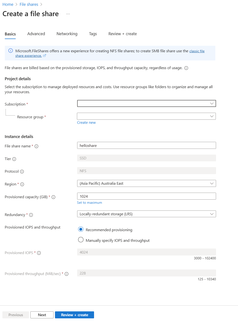 Uma captura de tela do portal do Azure para criar o fluxo 1 para o compartilhamento de arquivos.