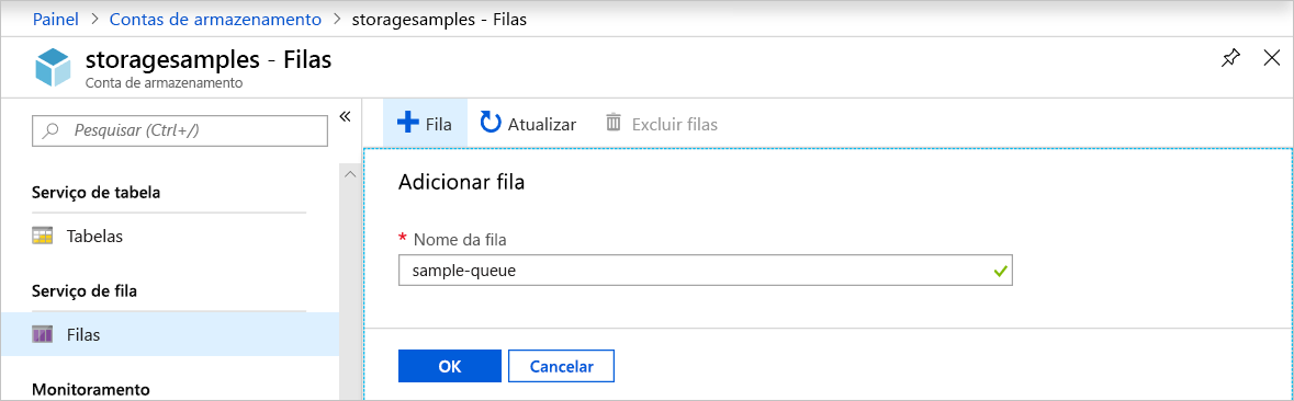 Captura de tela mostrando como criar uma fila no portal do Azure