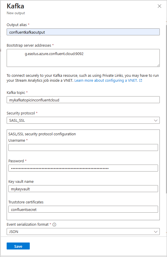 Captura de tela mostrando como configurar a saída kafka para um trabalho de análise de fluxo.
