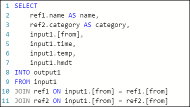 Captura de tela de um exemplo de consulta de Stream Analytics que une uma entrada de hub de eventos com dois blobs de referência usando SELECT INTO.
