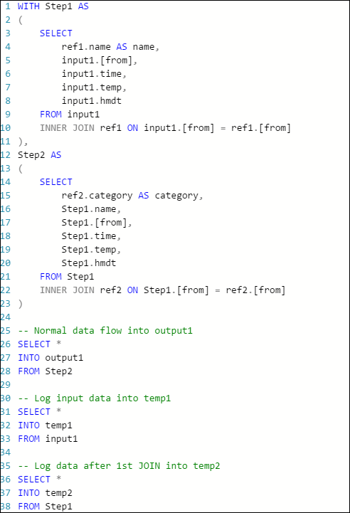 Captura de tela da consulta reescrita do Stream Analytics que gera resultados intermediários do JOIN para saídas temporárias.