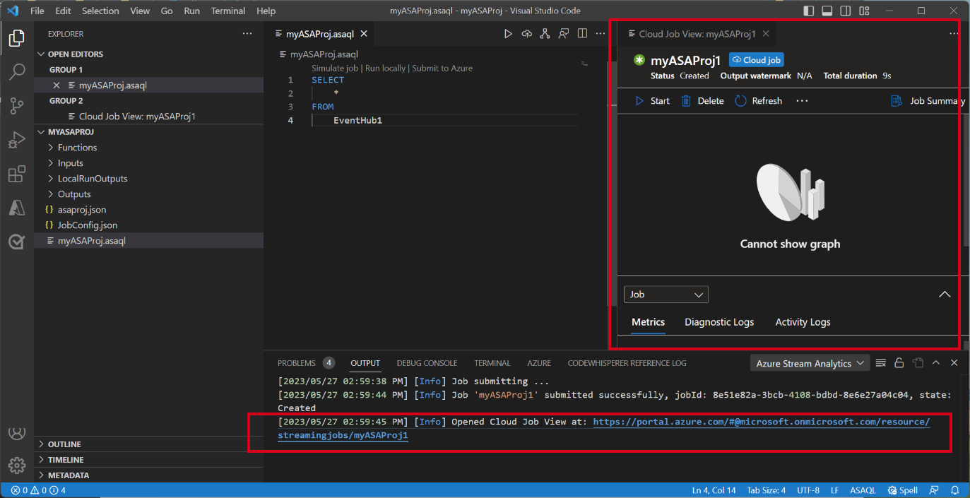 Captura de tela da extensão do VS Code mostrando o trabalho de exibição na nuvem.