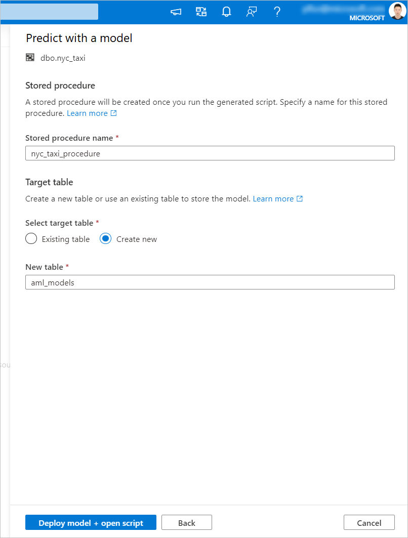 Captura de tela que mostra as seleções para criar um procedimento armazenado.
