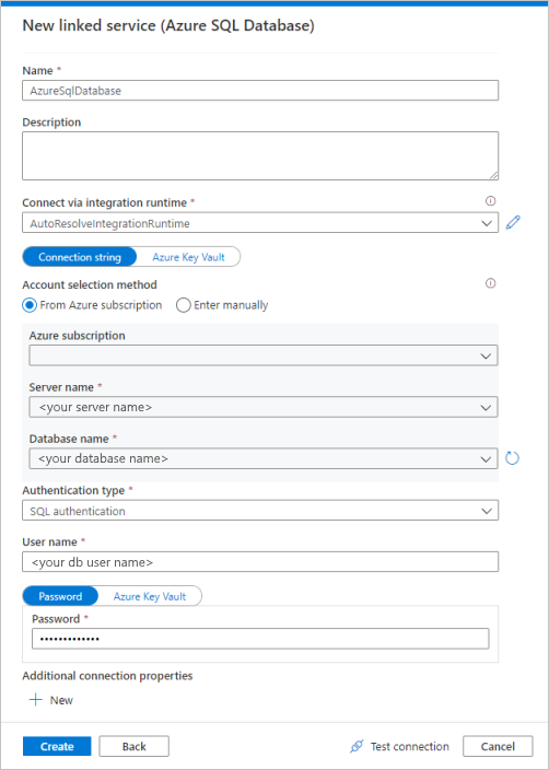 Configurar o serviço vinculado do Banco de Dados SQL do Azure
