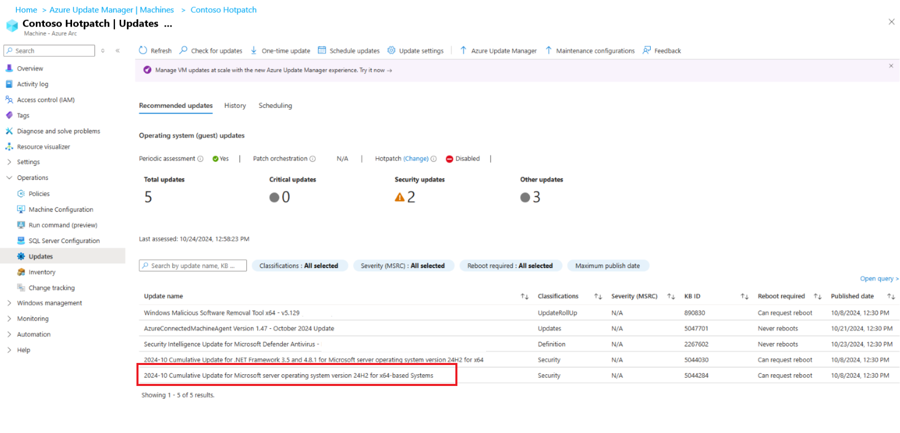 Captura de tela mostrando como verificar atualizações de hotpatching.