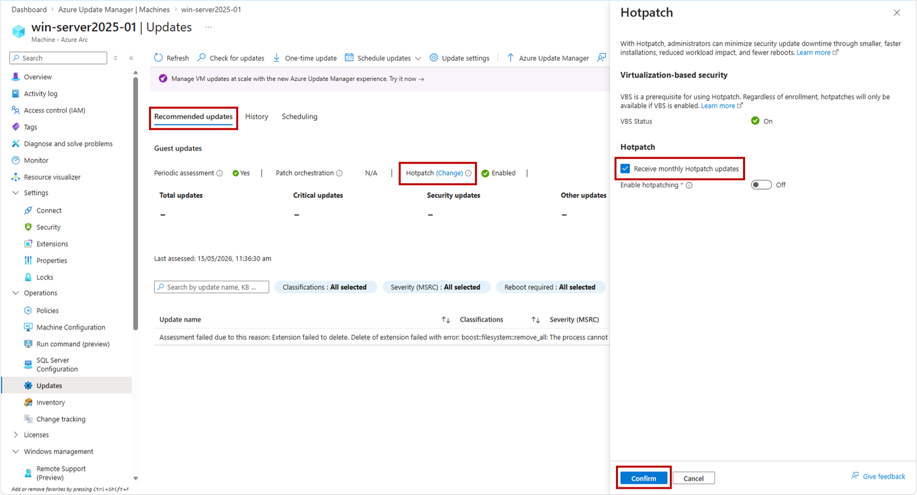 Captura de tela mostrando como gerenciar atualizações de hotpatch em uma única VM.