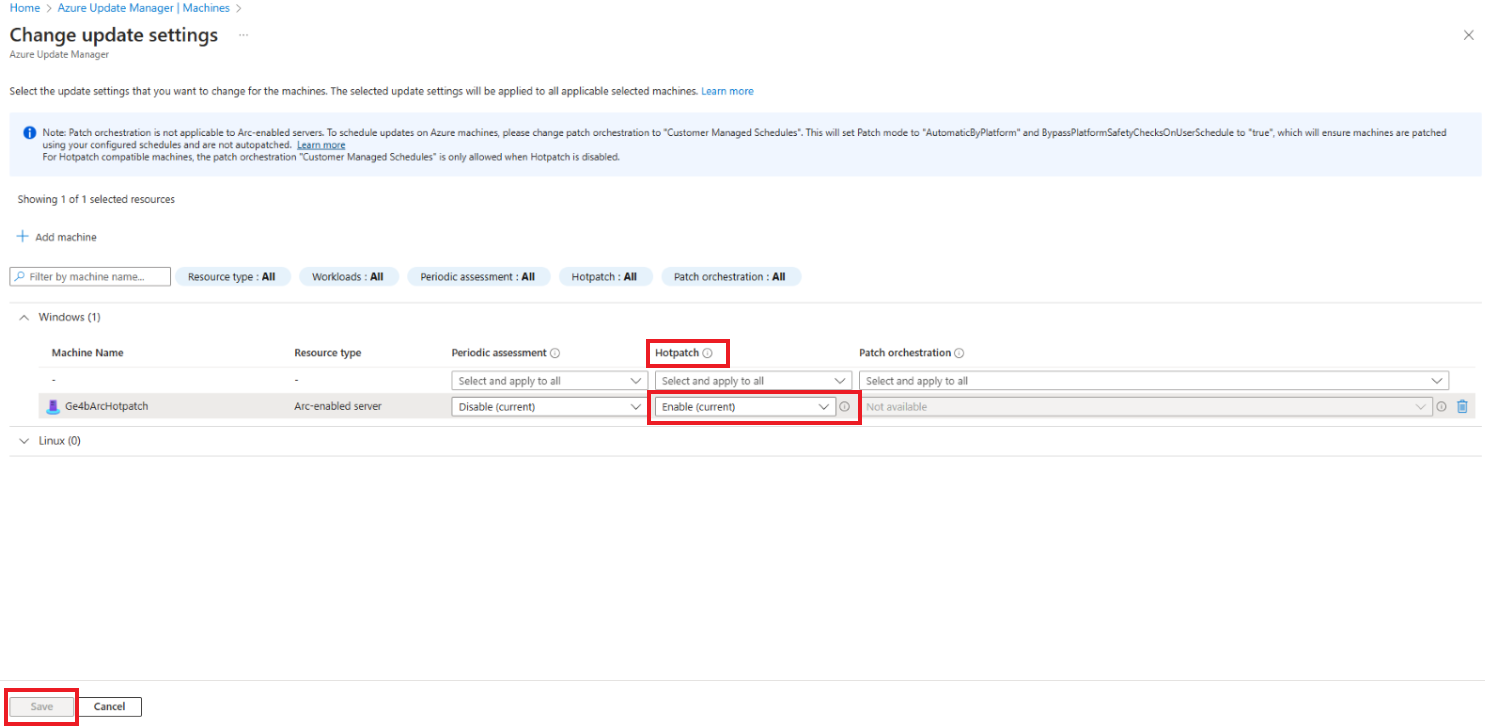 Captura de tela mostrando como gerenciar atualizações de hotpatch.