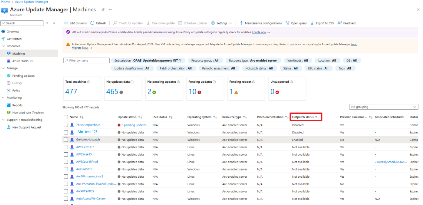 Captura de tela mostrando como visualizar o status do hotpatching em escala.
