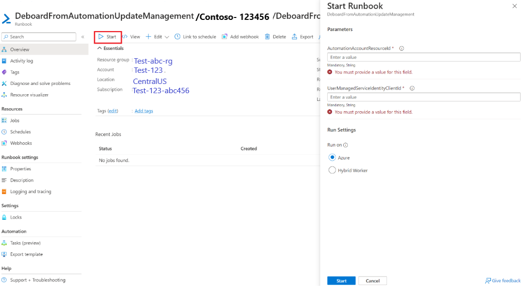 Captura de tela mostrando como desprovisionar o Gerenciamento de Atualizações de Automação e iniciar o runbook.