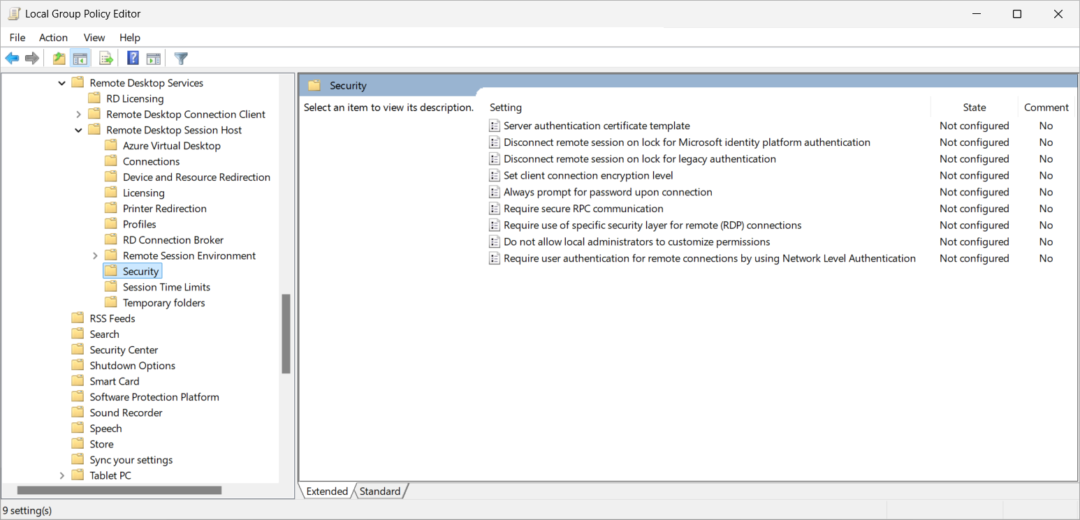 Uma captura de tela mostrando as opções de segurança do Host de Sessão da Área de Trabalho Remota no editor de Política de Grupo.