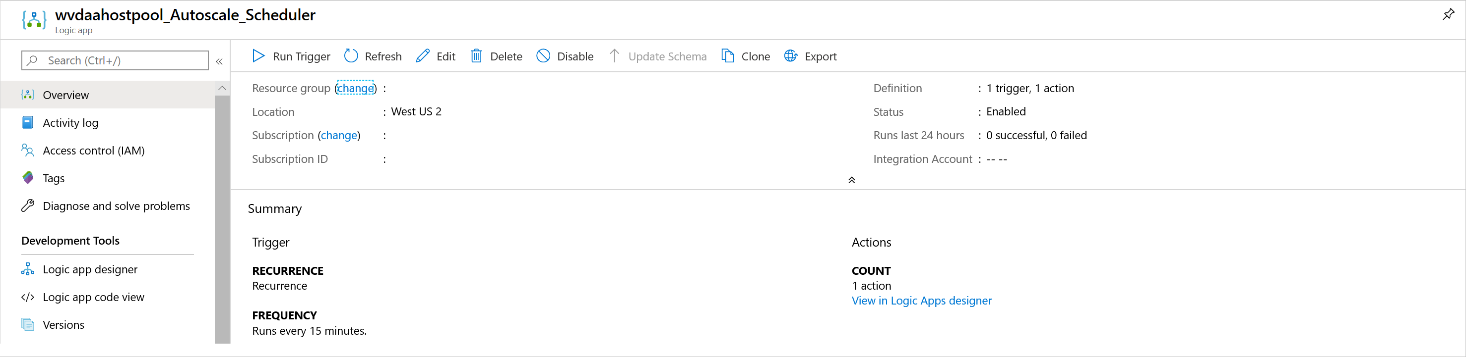 Uma imagem da página de descrição geral de um exemplo da Aplicação Lógica do Azure.