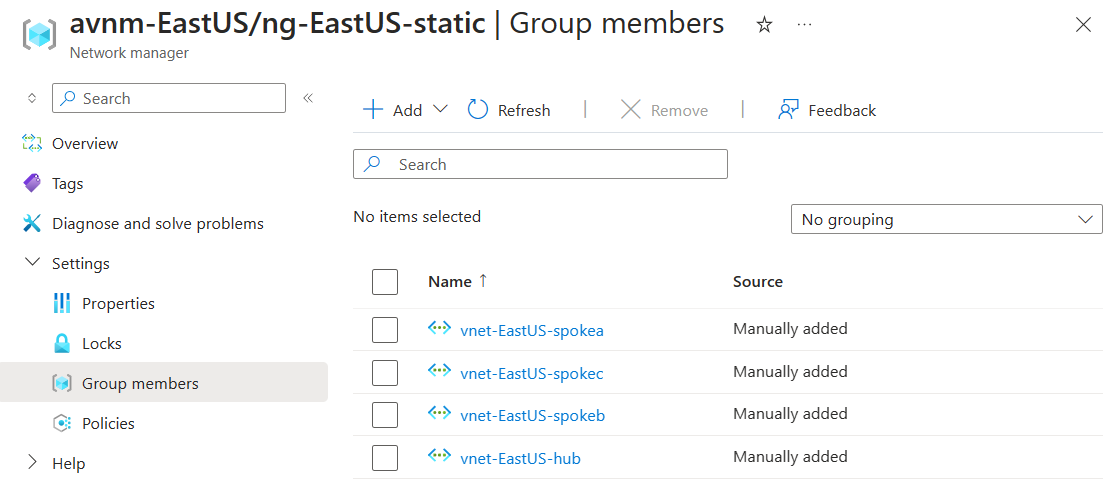 Captura de tela de membros estáticos em um grupo de rede de uma implantação de topologia estática.