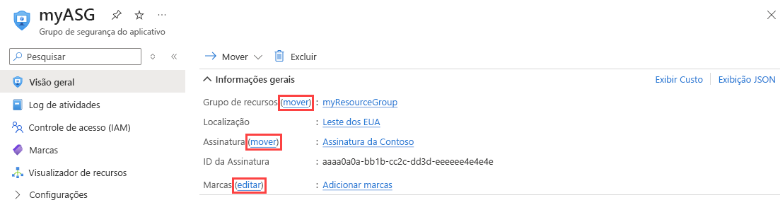 Captura de tela da alteração de um grupo de segurança de aplicativo no portal do Azure.