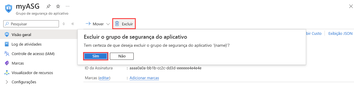 Captura de tela da exclusão de um grupo de segurança de aplicativo no portal do Azure.
