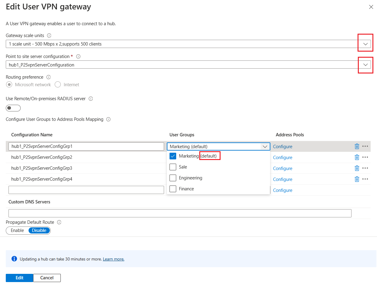 Captura de tela da página Editar gateway de VPN do usuário com grupos selecionados.