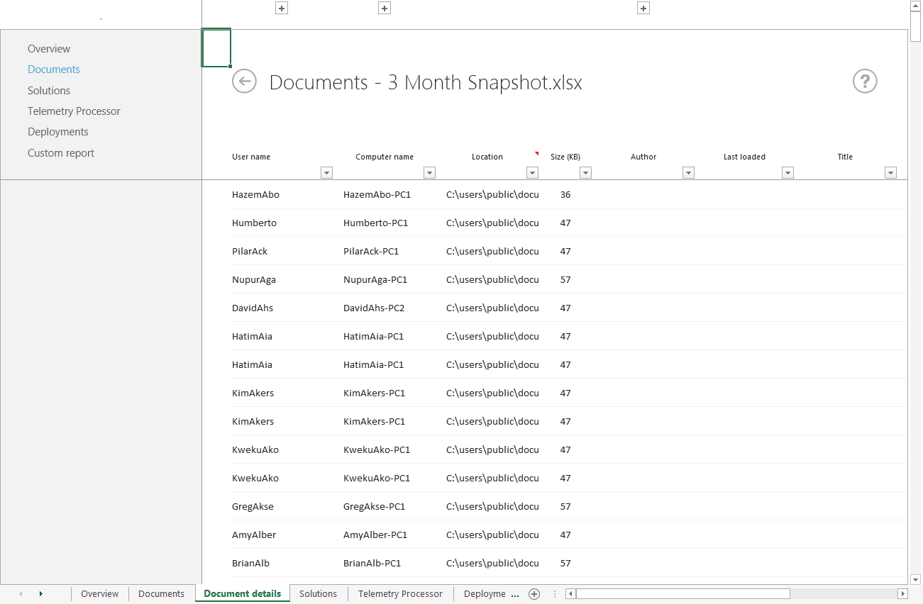 Uma captura de ecrã dos detalhes do documento para três meses Snapshot.xlsx incluindo informações do utilizador e do computador.