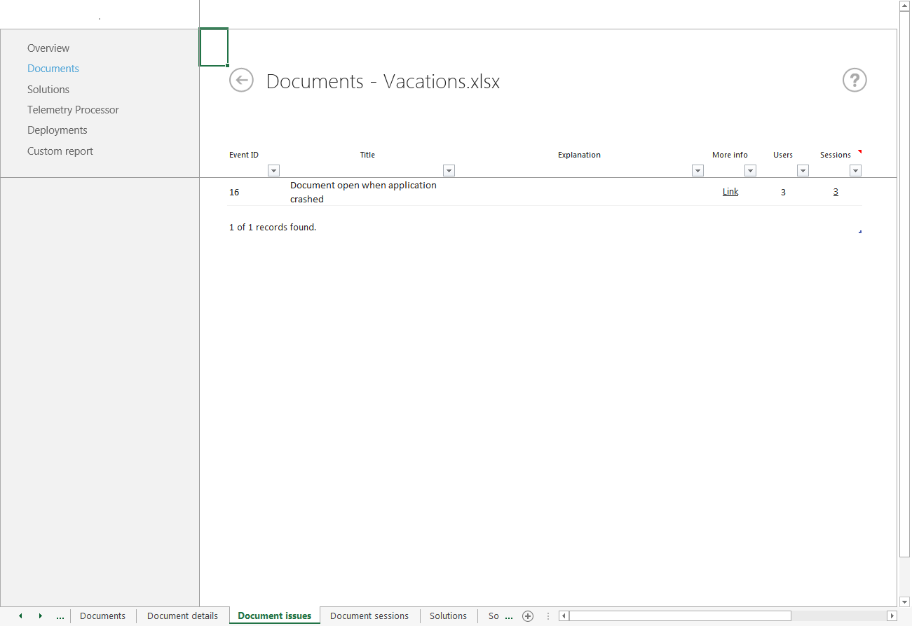 Uma captura de ecrã de problemas de documentos para Vacations.xlsx a mostrar falhas de aplicação.