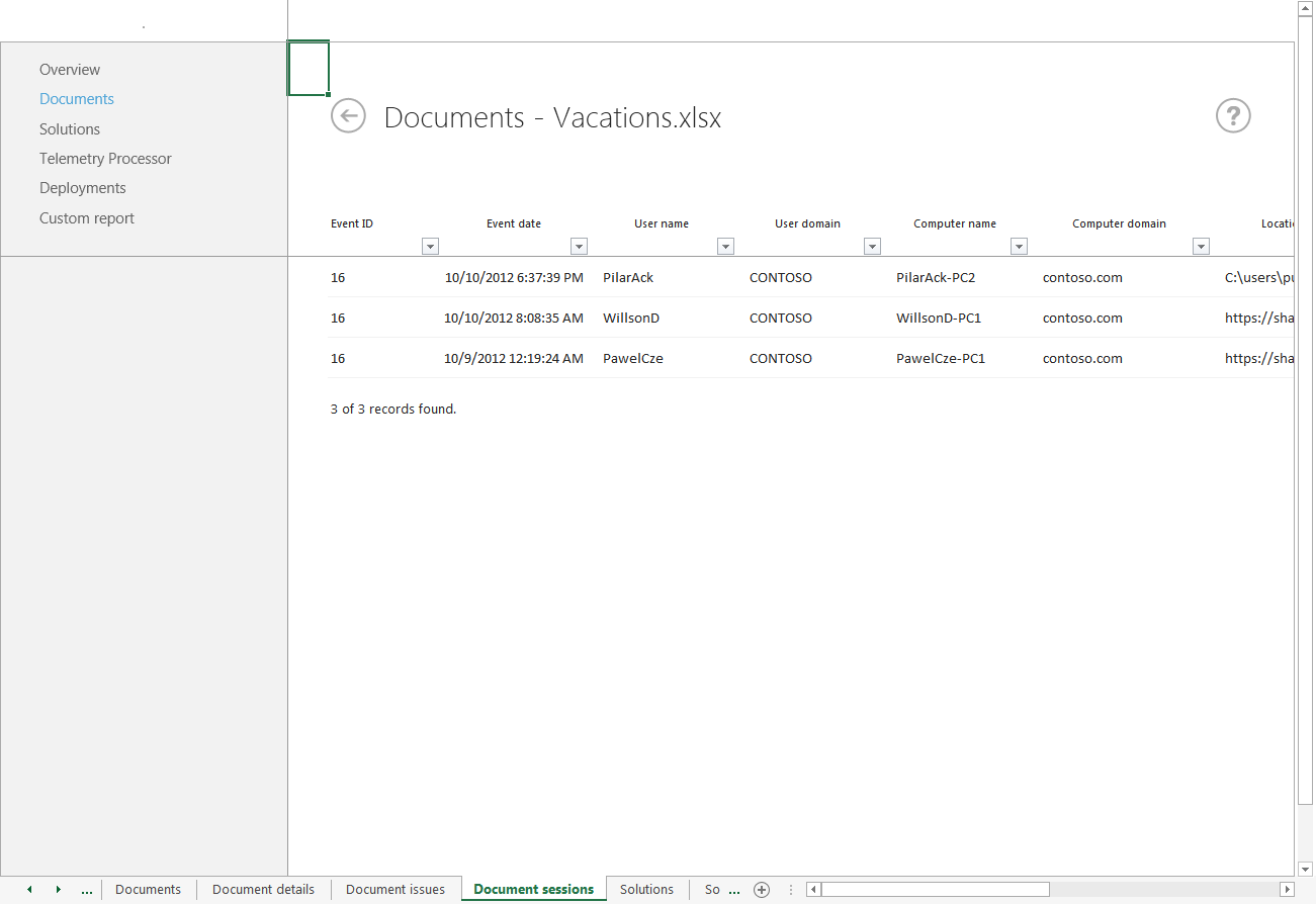 Uma captura de ecrã de sessões de documentos para Vacations.xlsx com detalhes do evento e informações do utilizador.