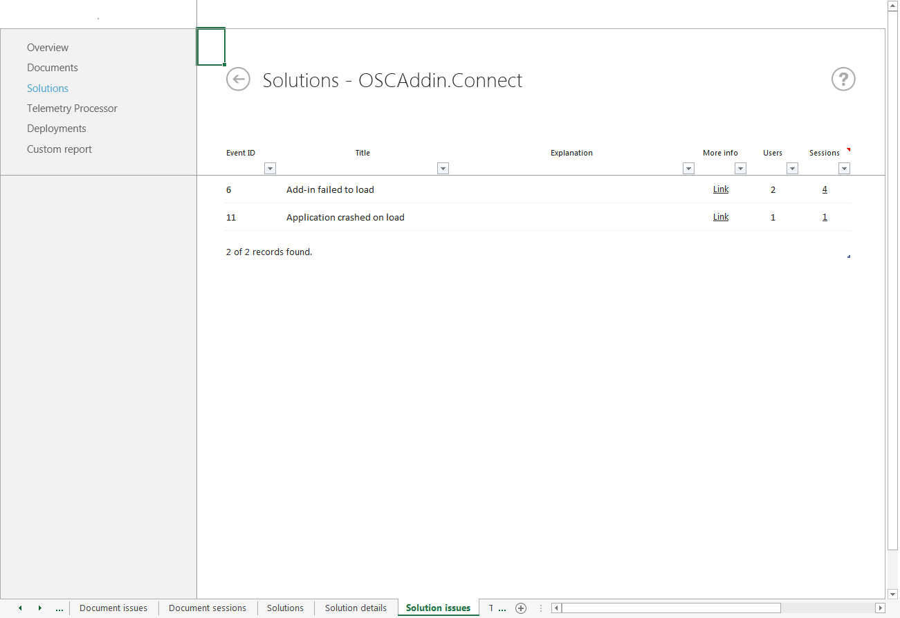 Captura de ecrã de problemas de solução para OSCAddin.Connect a mostrar cargas e falhas falhadas.