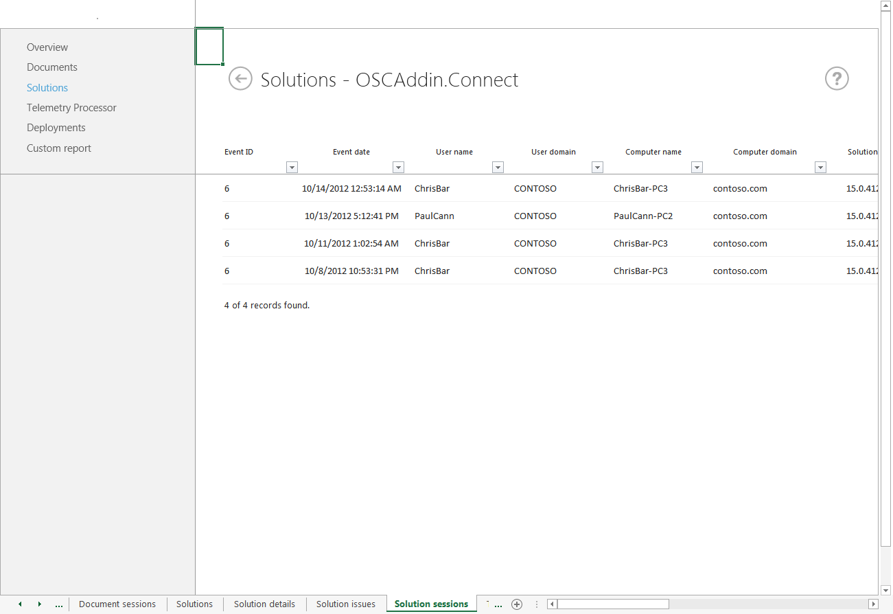 Captura de ecrã das sessões de solução para OSCAddin.Connect com detalhes do evento e informações do utilizador.