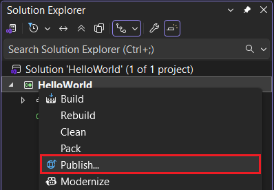 Menu de contexto do Visual Studio Publish.
