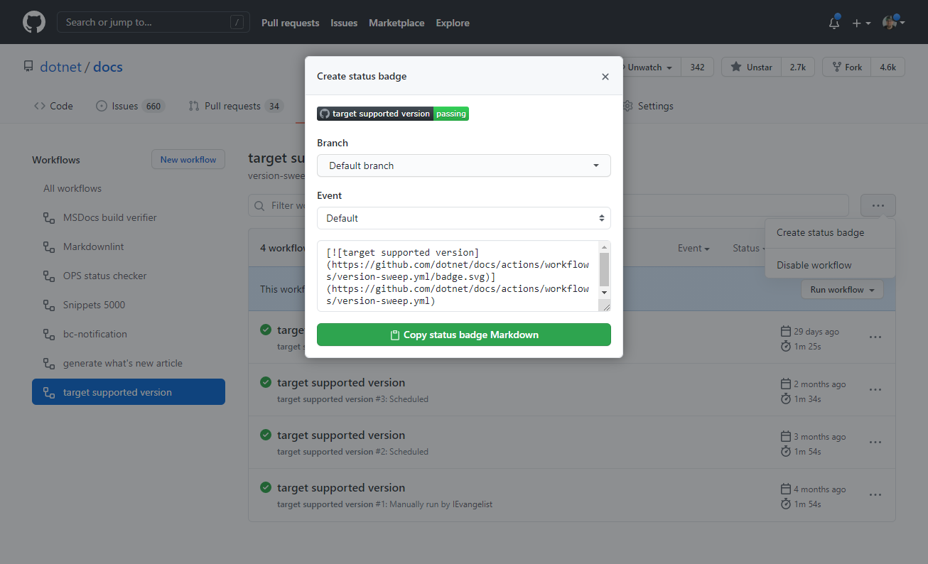 GitHub: Copy status badge Markdown