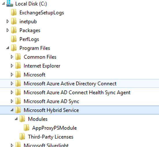 Localização do Serviço Híbrido da Microsoft no disco rígido.