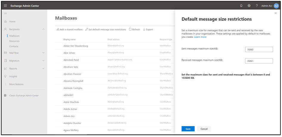 Captura de tela da configuração de restrições de tamanho da mensagem.