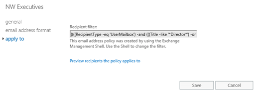 Appy para tab em políticas de endereço de email no EAC quando filtros de destinatário personalizados são usados.