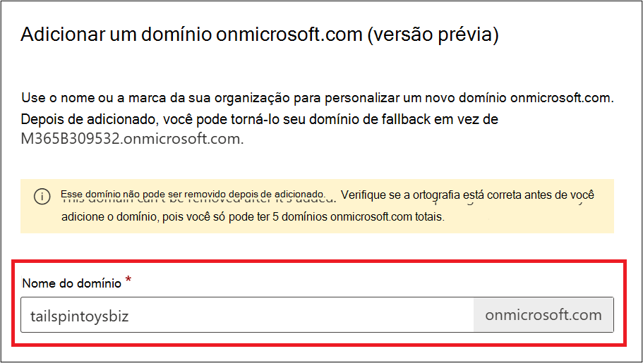 Captura de tela da página Adicionar domínio onmicrosoft.